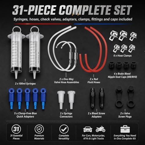 Brake Bleeder Kit, 31-Piece One-Person Brake & Clutch Bleeding Tool with 2 x 100ml Syringes, One-Way Check Valve Hoses, Quick Adapters & Clamps for Motorcycle, ATV, Car and Light Truck