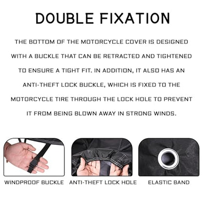 Motorcycle Cover with Lock-Holes, Waterproof Outdoor Motorbike Cover with Storage Bag, All Season Full Coverage Protection Scooter Covers for 96" Harley Davidson and Most Motorcycles