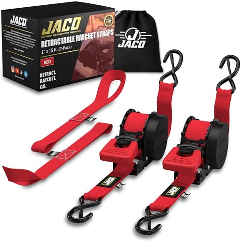 JACO Retractable Ratchet Straps - 1 in x 15 ft (2-Pack) (1,760lbs Break Strength) | Auto Self Retracting Cargo Tie Down Strap Set (Red) - color: Red, size: 2-Pack