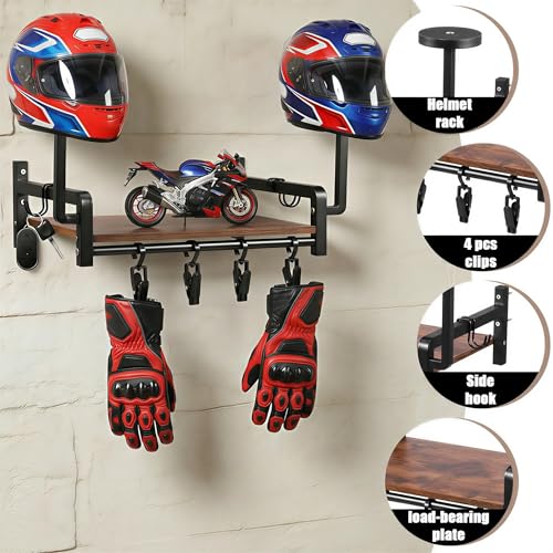 Helmet Wall Mount, Motorcycle Helmet Holder with Walnut Wood Shelf, 2 Helmets Stand, 4 Glove Chips and 2 Hooks, Helmet Display Mount for Most of Helmet and Clothes