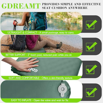 Inflatable Seat Cushion, Self-Inflating Memory Foam Stadium Seats Cushion Lightweight & Compact Chair Sitting Pad Airplane Cushion for Long Flight Travel Outdoor Camping Car Bleachers Office - color: Green