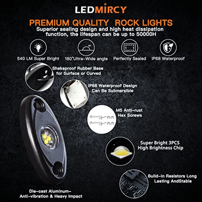 LEDMIRCY R1 Pure White LED Rock Lights 4PCS for Off Road Truck Auto Car Boat ATV SUV Waterproof High Power Neon Trail Lights Underglow Light Interior Exterior Shockproof(4PCS White)