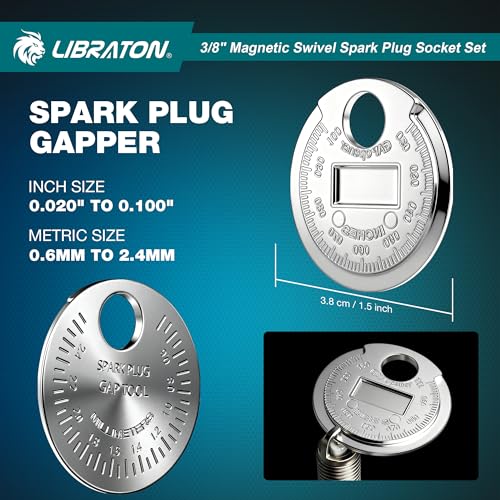 LIBRATON 8PCS 3/8"Dr. Magnetic Spark Plug Socket Set, Include Gapper & Extension Bar, Swivel Head Thin Wall (5/8" 9/16" 14mm 16mm), 6&12 Point for Truck Motorcycle Auto Repair, w/4",6",10", CR-V