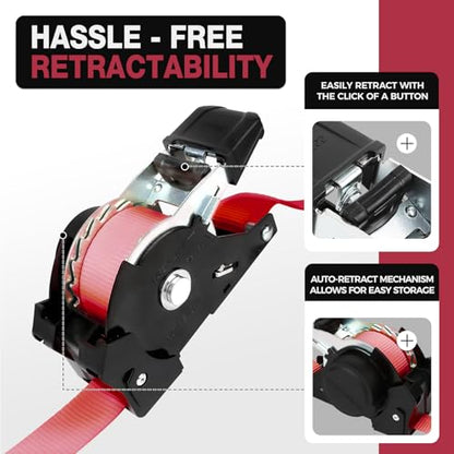 Heavy-Duty Retractable Ratchet Straps (4-Pack) – 1500 lb Break Strength Auto Self-Retracting Tie-Down Straps 1 inch x 12 Feet with Soft Loops, for Truck Motorcycle ATV Cargo Trailer - color: Red Retractable