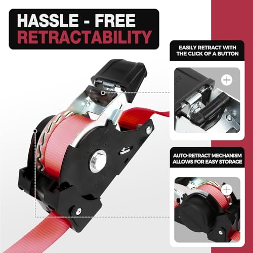 Heavy-Duty Retractable Ratchet Straps (4-Pack) – 1500 lb Break Strength Auto Self-Retracting Tie-Down Straps 1 inch x 12 Feet with Soft Loops, for Truck Motorcycle ATV Cargo Trailer - color: Red Retractable