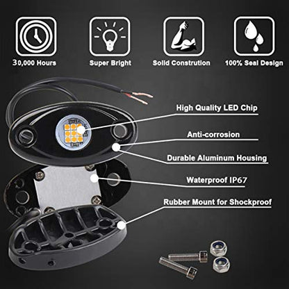 Red LED Rock Lights, 4 Pods Neon 12V Waterproof Underglow Underbody Kit Crawler Crawling Dome Exterior Wheel Lights for ATV RZR UTV SUV Off-Road Auto Boat Motorcycle Glow Trail Rig Fender Lamp - color: red