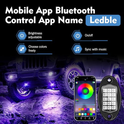 4PCS RGB LED Rock Lights, Underglow Multicolor Neon Light, Footwell Wheel Well Light Pods, with APP Control & Music Mode, Rock Lights for Trucks, SUV, ATV, UTV, Pickup, Motorcycles