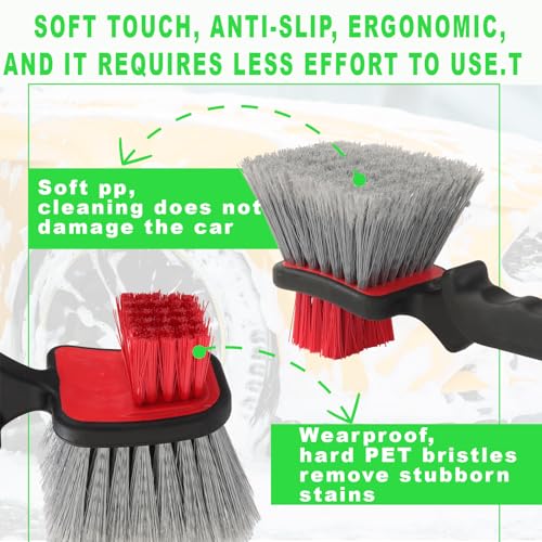 Car Wash Brush, Wheel Brush & Tire Brush Kit - Dual-Head Soft Bristle Car Detailing Brush for Wheels, Rims, Tires, Exterior Surfaces Safe for Cars, Trucks, Motorcycles, RVs Red, 10 Inch