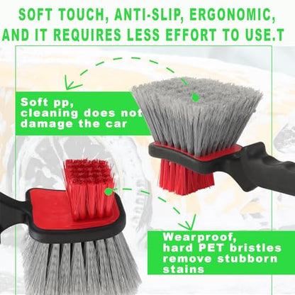 Car Wash Brush, Wheel Brush & Tire Brush Kit - Dual-Head Soft Bristle Car Detailing Brush for Wheels, Rims, Tires, Exterior Surfaces Safe for Cars, Trucks, Motorcycles, RVs Red, 10 Inch