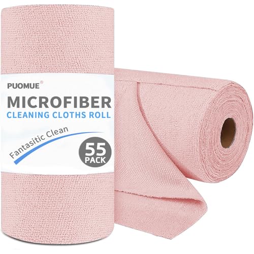 Puomue 55 Pack Microfiber Cleaning Cloth Roll, Tear Away Reusable Paper Towels, 11" X 9", Ultra Absorbent & Lint Free Microfiber Cloth for Cleaning Cars, Kitchen, Window, Home and Shop, Pink - color: Pink