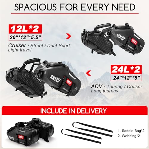 OSAH DRYPAK Motorcycle Saddle Bags, Waterproof Durable Saddlebags 24L(12L*2), Large Capacity Anti-Vibration Pannier Bags, Ideal Luggage Bag for Adventure and Sport Motorcycle Racks, 1 Pair - size: 24L