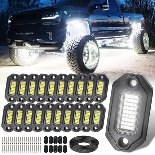 20 Pods Aluminium Pure White LED Rock Lights, 6500K Super Bright Neon Underglow Lights, IP68 Waterproof for Trucks SUV UTV ATV RZR Car Boats Motorcycle with 15ft Extension Wire - size: 20 Pods