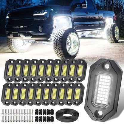 20 Pods Aluminium Pure White LED Rock Lights, 6500K Super Bright Neon Underglow Lights, IP68 Waterproof for Trucks SUV UTV ATV RZR Car Boats Motorcycle with 15ft Extension Wire - size: 20 Pods