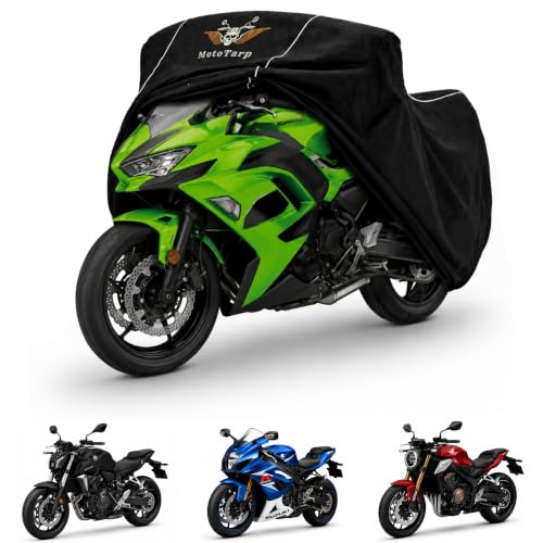 600D Heavy Duty Motorcycle Cover Waterproof Outdoor for Sport & Naked Motorcycles, All-Season Weatherproof Protection with Air Vents, Wheel Lock Slots, Exhaust Heat Shield & Reflective Strips - size: Large (90X35X52)