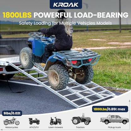 KROAK Aluminum Loading Ramp 77" x 54" Ultra-Wide, 1800LBS Capacity, Aluminum Tri-Fold Ramps with Ski Guides for Motorcycle/Dirt Bike/Trailer/ATV/UTV/Garden Tractor/Lawn Mower
