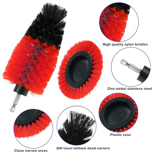 8 Pcs Drill Brush Attachment Set, Power Cleaning Scrub Brush Kit with Extend Long Attachment, All Purpose Drill Scrub Brushes for Car, Grout, Floor, Tub, Bathroom and Kitchen (red) - color: Red