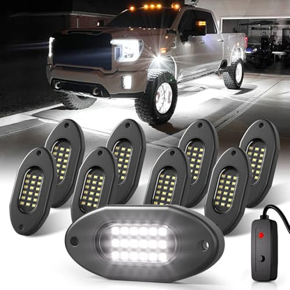 Honalia White LED Rock Lights Kits 8 Pods, 6000K Pure White Rock Lights with Switch - color: Pure White, size: 8 Pods