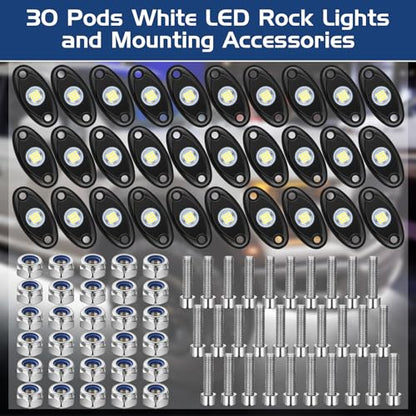 Baquler 30 Pods Rock Lights White Underglow Lights for Trucks Car SUV Waterproof Shockproof LED Ambient Rocklights Automotive Trailer Lighting for Motorcycle Boat ATV UTV(9LED Chips Style) - style: 9LED Chip Style