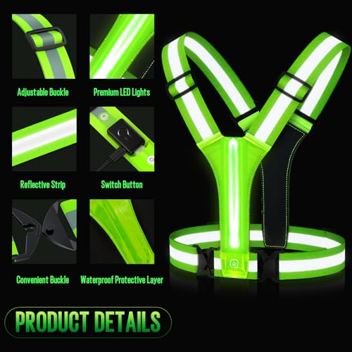 LED Rechargeable Reflective Vest with 11hrs Runtime, Light Up Safety Gear for Night Running Walking Cycling, USB Rechargeable - color: Green