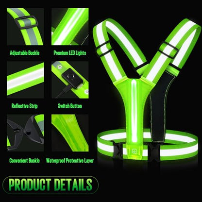 LED Rechargeable Reflective Vest with 11hrs Runtime, Light Up Safety Gear for Night Running Walking Cycling, USB Rechargeable - color: Green
