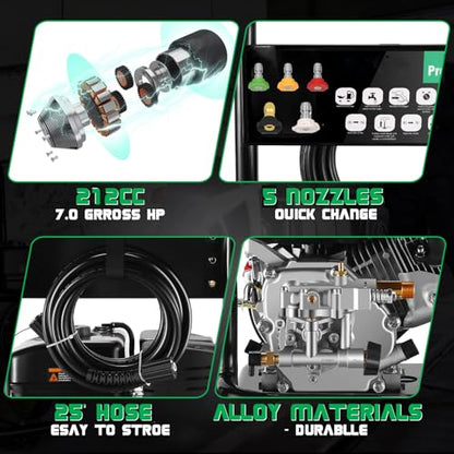 Gas Powered Pressure Washer 4200 PSI Gas Power Washer 4.0 GPM 212CC Commercial High Pressure Washer, with Spray Gun and Extension Wand, 5 Quick Connect Nozzles, Copper Pump (Dark Black)