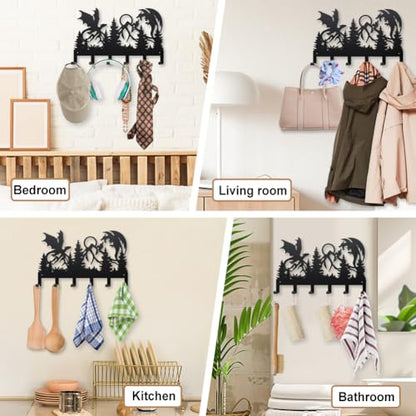 MAYJOYDIY Double Dragon Battle Metal Key Hook Mountain Forest Coat Rack Wall Mounted 15.7×9.8inch Art Wall Decor Key Holder Organizer Rack with 6 Hooks for Gift Coats Hats Towels Bags Hanging - style: Double Dragon Battle