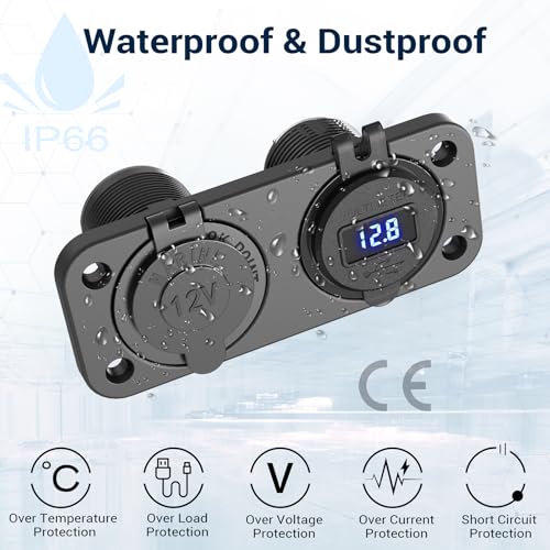 Qidoe Cigarette Lighter Socket 12 Volt USB Outlet Dual 30W PD & Dual Quick Charge 3.0 18W, 300W Socket Aluminum Metal Charger Panel with LED Voltmeter for Marine Car RV Motorcycle Golf Cart, etc