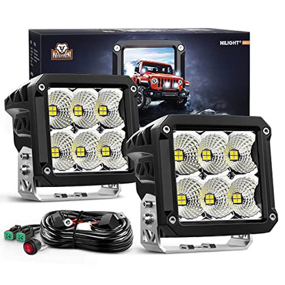 Nilight 2 PCS LED Pod Lights 120W 4 Inch Square 13500LM 120° Super Flood 14AWG DT Connector Wiring Harness Kit Offroad Driving Work Light for Truck UTV ATV SUV 4x4 - color: 6LED Flood Pod