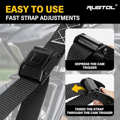 Rugtol Motorcycle Tie Down Straps, 1.5in x 10FT Cam Buckle Straps with S Hooks Integrated Soft Loops, 1560lb Break Strength Heavy Duty Dirt Bike Straps for Securing Motorbikes, Kayak, Cargo 2 Pack