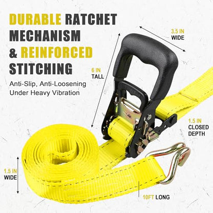 AWELCRAFT Ratchet Straps Heavy Duty 4 Pack,4500lbs Breaking Strength,1.5in×15ft Tie Down Ratcheting Strap with Padded Handles, Double J Hooks & Soft Loops for Motorcycle,Trailer & Trucks (Yellow) - color: Yellow
