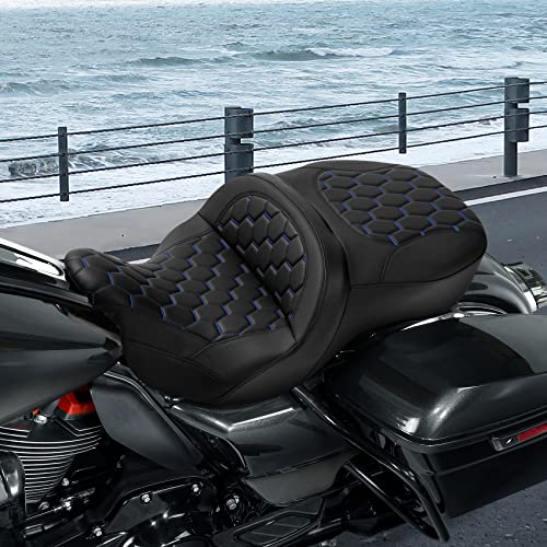 C.C. RIDER Motorcycle 2 Up Rider Driver&Passenger Seat Fit for Harley Touring CVO Road Glide Electra Glide Street Glide Road King 2009-2023 - color: Seat 16#Blue Stitching