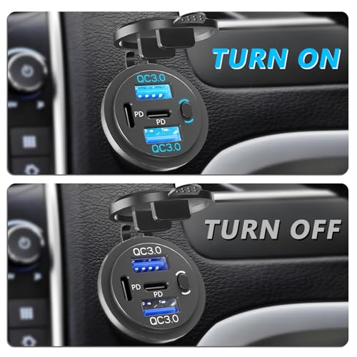 2PCS,Dual PD USB C Ports & Dual USB Quick Charge 3.0 Ports 12V USB Outlet with Switch, VANONE Waterproof and Dustproof Car Charger Socket, Accessories for Car Boat Marine Motorcycle RV ATV Golf Cart