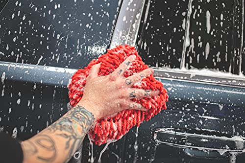 The Rag Company - Premium Chenille Microfiber Knobby Wash Mitts - Perfect for Car Washing and Detailing; Scratch-Free, Lint-Free, Double-Sided, Plush, and Absorbent; Red (2-Pack) - color: Red