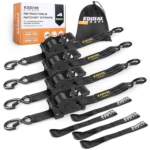 Retractable Ratchet Straps 2" x 10ft, 3,000lb Break Strength, Heavy Duty Easy Release Tie Down for Trucks, Trailers, Motorcycles, ATVs, Secure Cargo KODIAK STRAPS (Black, 4Pack) - color: Black, size: 2INCH*4PACK