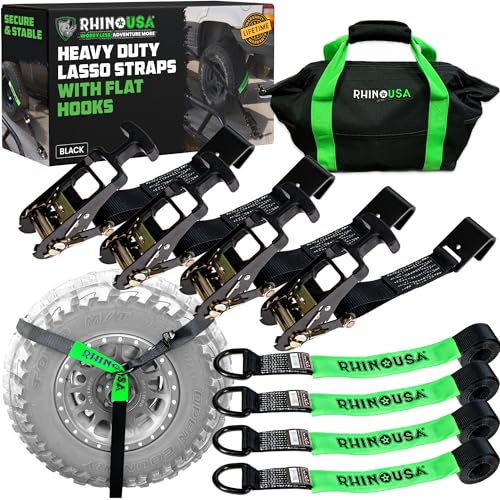 Rhino USA Car Tie Down Straps with Flat Hooks – 4 Pack 2" x8' – 10,000lbs Break Strength – Heavy Duty T-Handle Car Hauler Tire Lasso Wheel Straps for Trailers, UTV & Powersports – Black - color: Black, size: Flat-Hooks