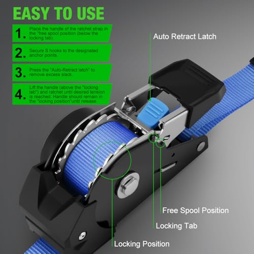 Retractable Ratchet Straps (4-Pack) - 1 Inch x 10 Feet (1,650lb Break Strength) - Heavy Duty Auto Self Retracting Tie Down Straps for Motorcycle, ATV, UTV, Truck, Cargo Trailer - Blue - color: Blue