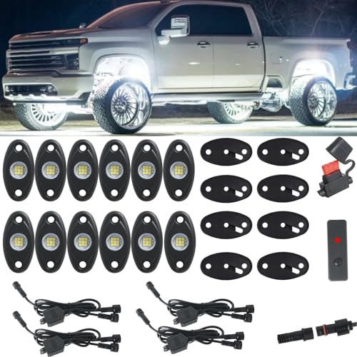 12pods White Rock Lights Dc 12v 6000k Aluminum Alloy Pure White Led Rock Lights with Switch Wiring Harness Kit Ip68 Waterproof for Trucks Pickup Off-Road Cars SUV Utv ATV Rv RZR Underglow Lights - color: White-12Pcs + Switch Wiring Harness