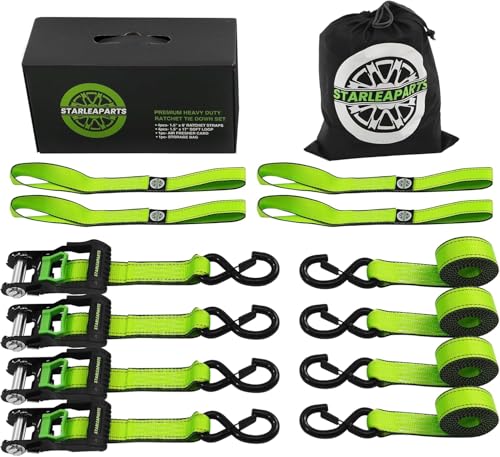 Motorcycle Tie Down Strap (4PK 1.5INX8FT) - 5,250lb Break Strength, Premium Ratchet Tie Down Straps Set, Soft Loop Ratchet Straps for Moving Appliances, Lawn Equipment, Cargo Straps for Trucks - color: Green, size: 5250lb - 8ft