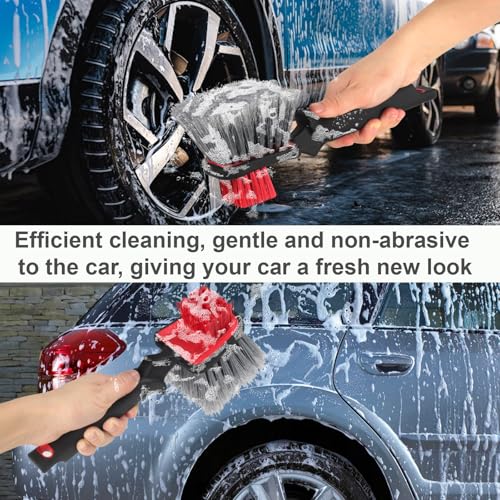 Car Wash Brush, Wheel Brush & Tire Brush Kit - Dual-Head Soft Bristle Car Detailing Brush for Wheels, Rims, Tires, Exterior Surfaces Safe for Cars, Trucks, Motorcycles, RVs Red, 10 Inch