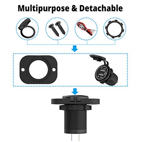 Dual USB Socket 12V Marine Outlet with Switch Golf Cart USB Port 12 Volt DC Car Charger Mount Waterproof Cigarette Lighter Power Adapter DIY Kit Fast Charge with Blue LED for Boat Motorcycle ATV RV