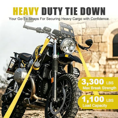 AWELCRAFT Ratchet Straps(4 Pack),3300lb Breaking Strength,1.5in×10ft Heavy Duty Tie Down Ratcheting with Padded Handles,Double J Hooks & 4 Soft Loops for Trailer,Trucks,Motorcycle(Yellow) - color: Yellow