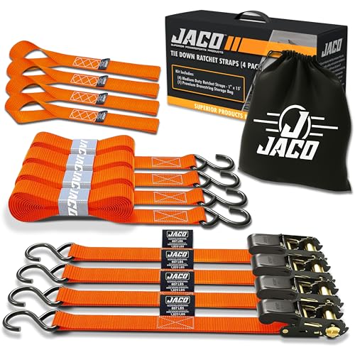 JACO Ratchet Tie Down Straps - 1 inch x 15 ft (Pack of 4) | 1,823 lbs (Orange) - color: Orange