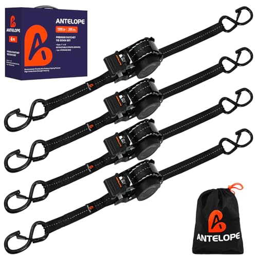 Retractable Ratchet Straps (4 PK) 1 in x 12 ft Auto Retract Tie Down Straps, 1500lb Break Strength AutoRetract Self Retracting for Motorcycle, Truck, Cargo, Trailer, ATV, UTV -Black - color: Black, size: 4pack