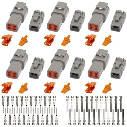 Deutsch DTM Grey 4 Pin Connectors 6 Sets, Waterproof Electrical Wire Connector with Stamped Contacts and Seal Plug for Truck, Off-Road Vehicles, Construction, Agriculture, Marine, Motorcycle Wiring - size: 4Pin-6 Set