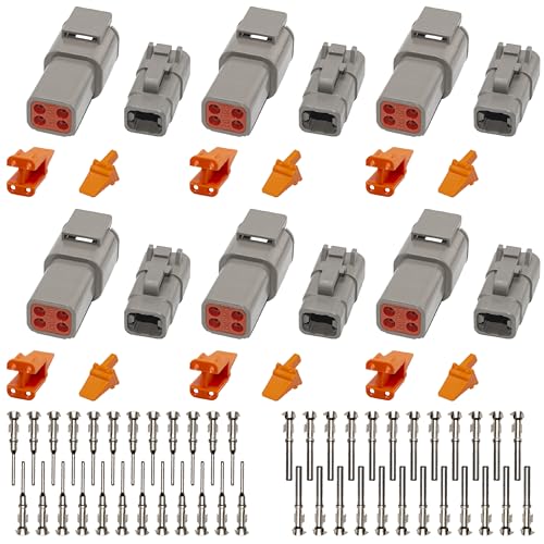 Deutsch DTM Grey 4 Pin Connectors 6 Sets, Waterproof Electrical Wire Connector with Stamped Contacts and Seal Plug for Truck, Off-Road Vehicles, Construction, Agriculture, Marine, Motorcycle Wiring - size: 4Pin-6 Set