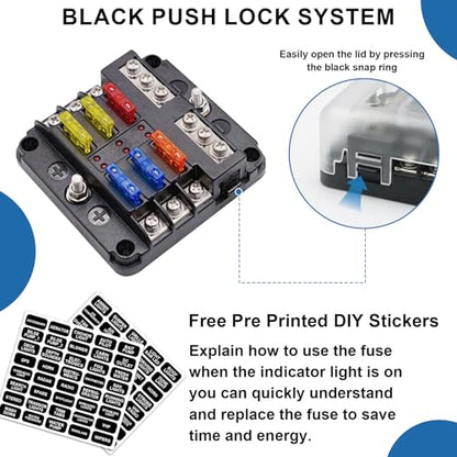 6 Way 12V fuse box waterproof fuse box holder with LED indicator 6 way fuse block with 12V blade 6 circuit for Automotive Truck Boat Marine RV Van Vehicle