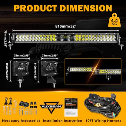 Auxbeam 32 Inch LED Light Bar, P8/270W Chips Dual Row Off Road Lights Flood Spot Combo Driving Work Light, 33000LM Waterproof Offroad Lights with Wiring Harness for SUV ATV UTV Trucks Jeep Pickup - size: 32" 270W