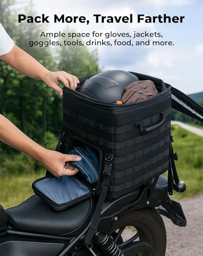 KEMIMOTO Folding Motorcycle Sissy Bar Tail Bag with Quick Access Window Expandable 53-60L Travel Luggage Helmet Bag for Touring Adventure Softail Road King Road Street Glide R 1250 1300 GS Tenere 700