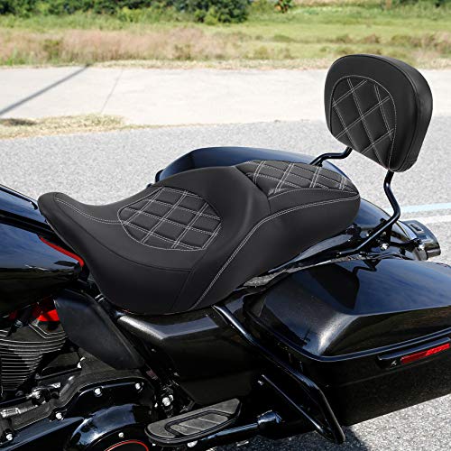 C.C. RIDER Passenger Seat Backrest Pad - Driver Passenger Sissy Bar fit for Harley Davidson Touring Road King Street Glide Electra Glide Road Glide 2009-2023 - color: Seat + Passenger Backrest Pad Black White