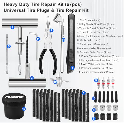 Tire Plug Kit Heavy Duty Professional - 67 Pcs Tire Repair Kit with Plugs for Car, Truck, SUV, Motorcycle, Semi Truck, Tractor, RV & ATV - Tire Repair Tools to Fix Punctures - color: 67 PCS Tire Repair Kit